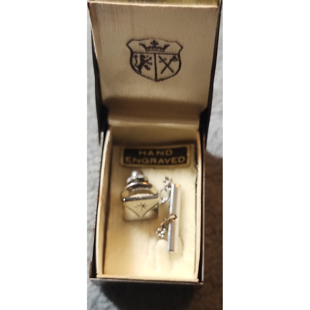 Hand Engraved Silver Tone Men's Tie Chain & Cufflink Set in Presentation Box